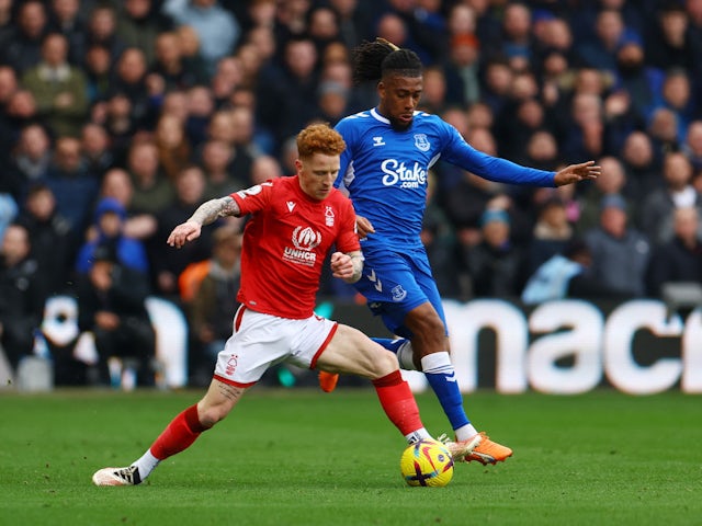 Nottingham Forest's Jack Colback in action with Everton's Alex Iwobi on March 5, 2023