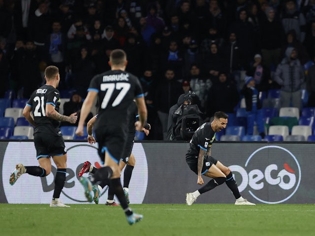 Lazio's Matias Vecino celebrates scoring their first goal on March 3, 2023