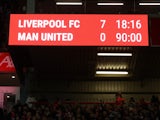 General view of the scoreboard as Liverpool beat Manchester United 7-0 on March 5, 2023