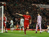 Liverpool's Mohamed Salah celebrates scoring their second goal on February 28, 2023