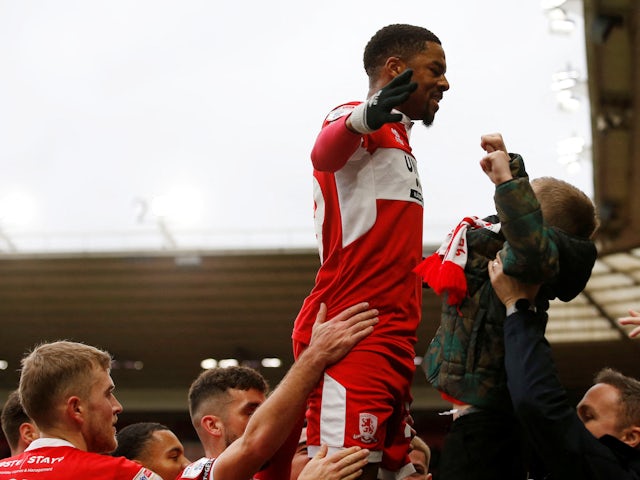 Middlesbrough's Chuba Akpom celebrates scoring their first goal on March 4, 2023