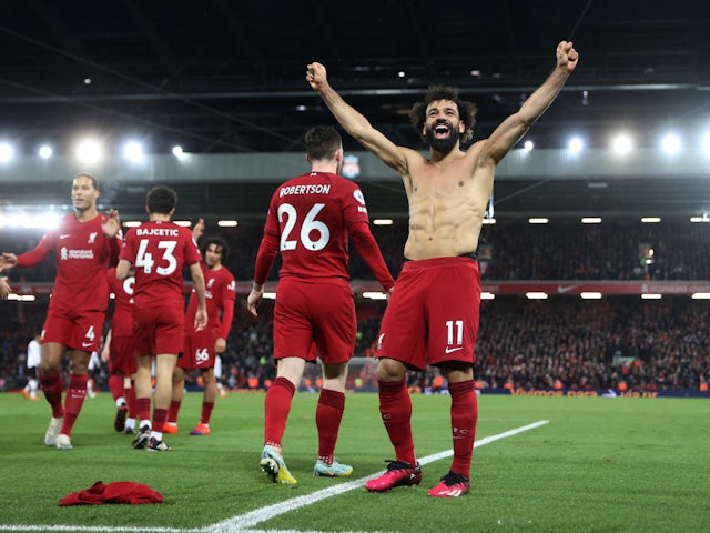 Mohamed Salah celebrates scoring for Liverpool against Manchester United on March 5, 2023