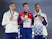 Norway's Jakob Ingebrigtsen celebrates on the podium after winning the men's 1500m final alongside silver medallist Britain's Neil Gourley and bronze medallist France's Azeddine Habz on March 3, 2023