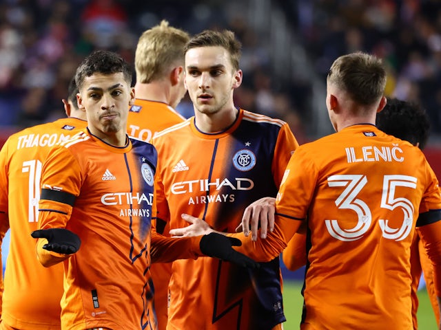 New York City midfielder Gabriel Pereira (11) reacts after scoring a goal against the Chicago Fire during the first half at Soldier Field on March 4, 2023