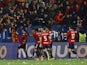 Osasuna's Ez Abde celebrates scoring their first goal with teammates on March 1, 2023