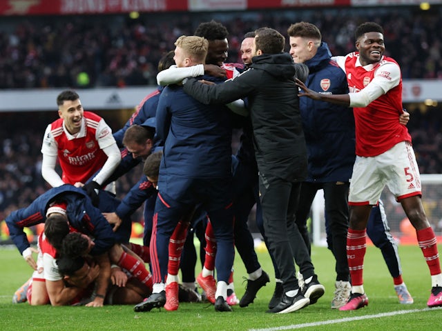 Arsenal celebrate Reiss Nelson's goal against Bournemouth on March 4, 2023
