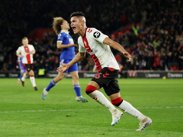 Southampton's Carlos Alcaraz celebrates scoring against Leicester City on March 4, 2023