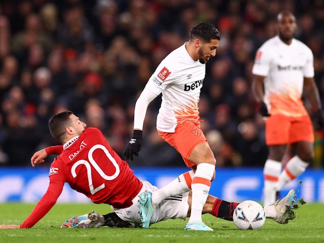 Manchester United's Diogo Dalot in action with West Ham United's Said Benrahma on March 1, 2023