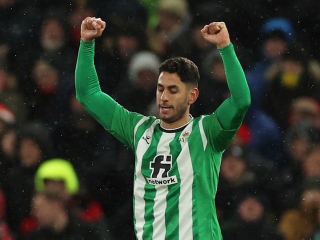 Real Betis attacker Ayoze Perez celebrates scoring against Manchester United on March 9, 2023