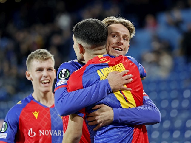 Basel's Zeki Amdouni celebrates scoring their first goal with Wouter Burger on March 9, 2023