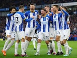 Brighton & Hove Albion's Joel Veltman celebrates scoring their second goal with teammates on March 4, 2023
