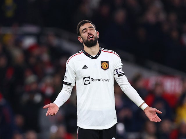 Manchester United's Bruno Fernandes reacts on January 22, 2023