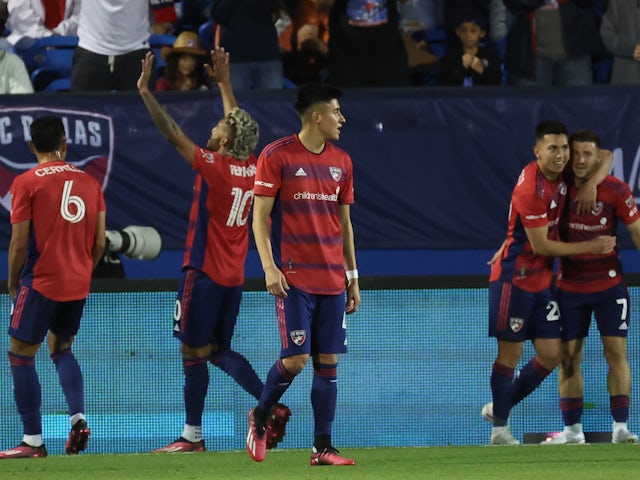 FC Dallas forward Jesus Ferreira (10) celebrates with teammates after scoring a goal against the Los Angeles Galaxy at Toyota Stadium on March 5, 2023