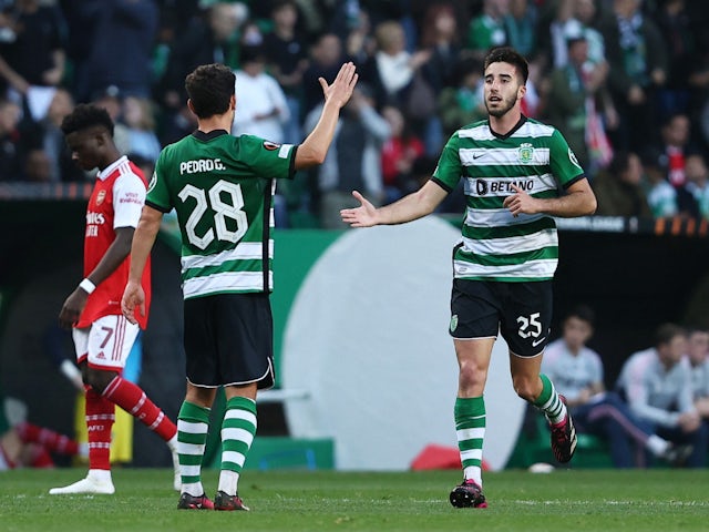 Goncalo Inacio celebrates scoring for Sporting Lisbon on March 9, 2023