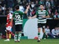 Goncalo Inacio celebrates scoring for Sporting Lisbon on March 9, 2023