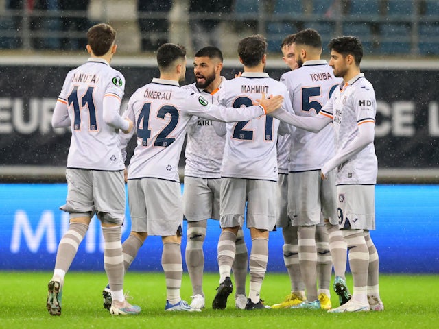 Istanbul Basaksehir F.K.'s Omer Sahiner with teammates before the match on March 9, 2023