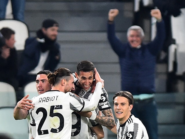 Juventus' Angel Di Maria celebrates scoring their first goal with teammates on March 9, 2023