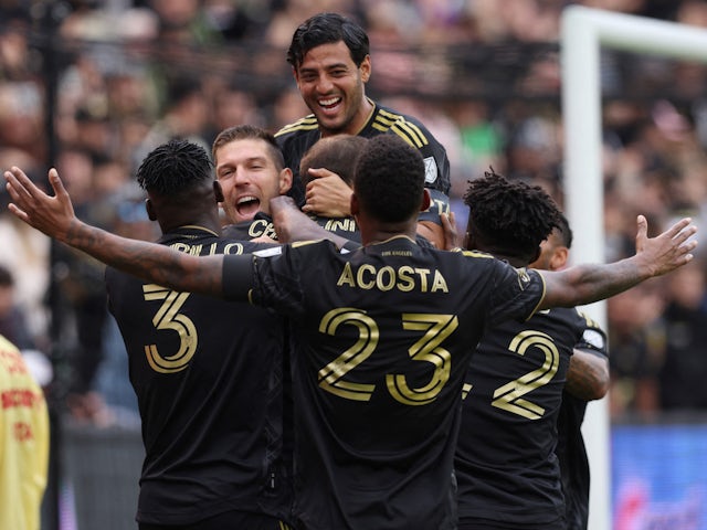 Members of Los Angeles FC (LAFC) celebrate the first goal of the game against the Portland Timbers scored by defender Giorgio Chiellini #14 during the first half at BMO Stadium on March 5, 2023
