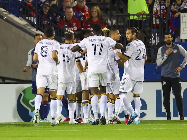 Los Angeles Galaxy midfielder Riqui Puig (6) celebrates with teammates after scoring a goal during the first half against FC Dallas at Toyota Stadium on March 4, 2023
