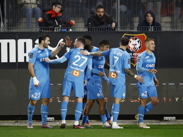 Marseille's Sead Kolasinac celebrates scoring their first goal with teammates on March 5, 2023