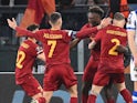 Roma's Stephan El Shaarawy celebrates scoring their first goal with teammates on March 9, 2023