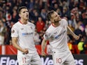 Sevilla's Erik Lamela celebrates scoring their second goal with Ivan Rakitic on March 9, 2023