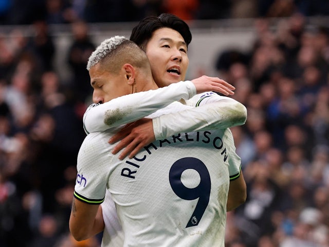Tottenham Hotspur's Son Heung-min celebrates scoring with Richarlison on March 11, 2023