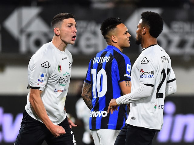 Spezia's Mattia Caldara reacts after Inter Milan's Lautaro Martinez missed a penalty on March 10, 2023