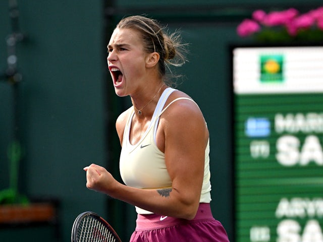 Aryna Sabalenka reacts at the Indian Wells Masters on March 17, 2023