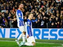 Brighton & Hove Albion's Solly March celebrates scoring their first goal with Alexis Mac Allister on March 13, 2023