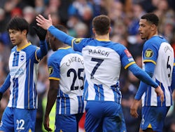 Brighton & Hove Albion's Kaoru Mitoma celebrates scoring their fifth goal with Solly March and teammates on March 19, 2023