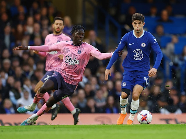 Everton's Amadou Onana in action with Chelsea's Christian Pulisic on March 18, 2023