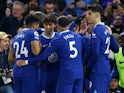Chelsea players celebrate Joao Felix's goal against Everton on March 18, 2023