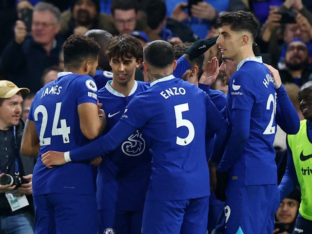 Chelsea players celebrate Joao Felix's goal against Everton on March 18, 2023