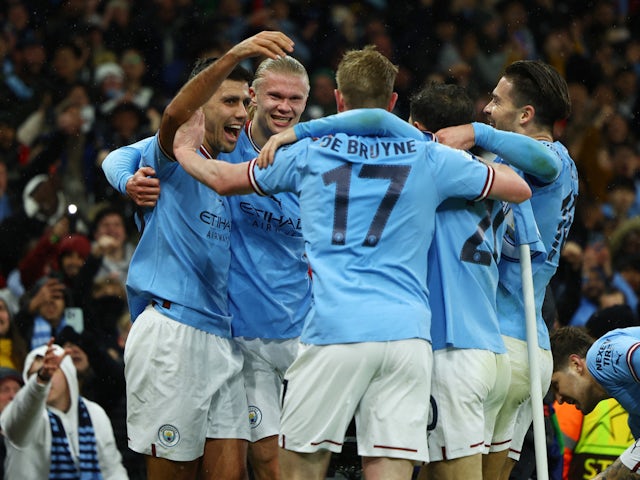 Erling Braut Haaland celebrates scoring for Manchester City against RB Leipzig on March 14, 2023