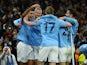 Erling Braut Haaland celebrates scoring for Manchester City against RB Leipzig on March 14, 2023