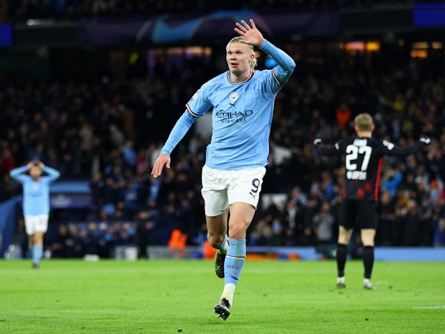 Erling Braut Haaland celebrates scoring for Manchester City on March 14, 2023