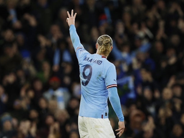 Manchester City's Erling Braut Haaland celebrates scoring their third goal and his hat-trick on March 18, 2023
