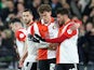 Feyenoord's Santiago Gimenez and Mats Wieffer celebrate after Orkun Kokcu scores their third goal on March 16, 2023