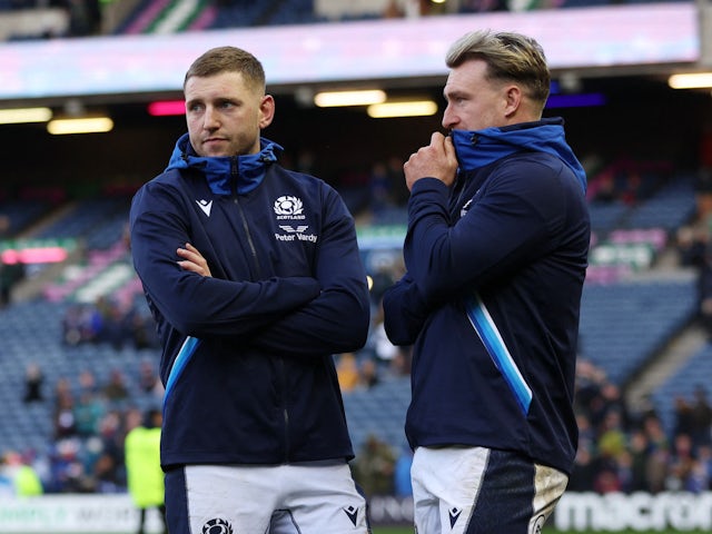 Scotland's Finn Russell and Stuart Hogg after the match on March 12, 2023