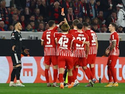 Freiburg's Manuel Gulde is shown a red card by referee Serdar Gozubuyuk on March 16, 2023
