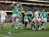 Ireland's Johnny Sexton celebrates after Dan Sheehan scores their first try on March 18, 2023