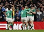 Ireland's Robbie Henshaw celebrates scoring their second try with teammates on March 18, 2023