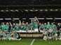Ireland players celebrate winning the Six Nations Championship and the Grand Slam with the trophies on March 18, 2023