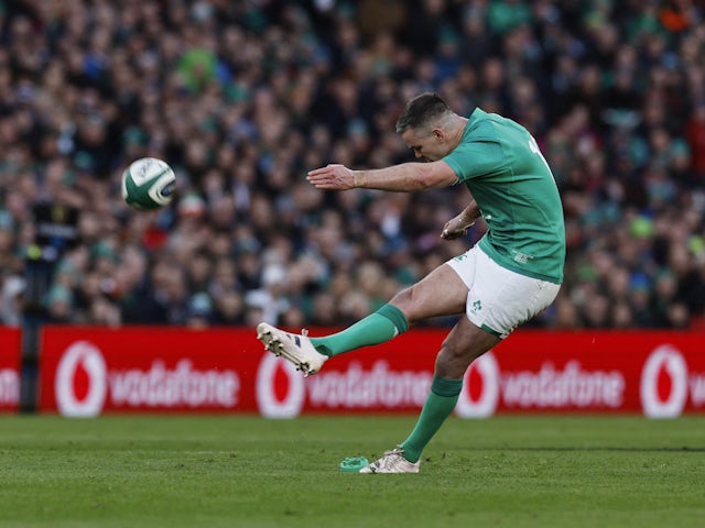 Ireland's Johnny Sexton kicks a penalty to become the highest points scorer in Six Nations history on March 18, 2023