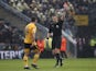 Wolverhampton Wanderers' Jonny is shown a red card by referee Michael Salisbury after a VAR review on March 18, 2023