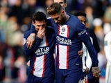 Paris Saint-Germain's Lionel Messi and Sergio Ramos celebrate after the match on February 19, 2023