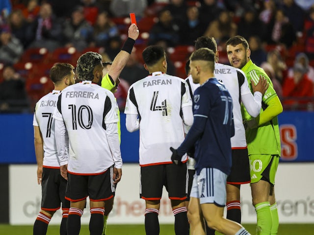 Dallas goalkeeper Maarten Paes (30) reacts after receiving a red card which later gets overturned by VAR on March 19, 2023