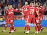 New York Red Bulls forward Dante Vanzeir (13) celebrates with team-mates after scoring their second goal on March 19, 2023