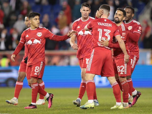 New York Red Bulls forward Dante Vanzeir (13) celebrates with team-mates after scoring their second goal on March 19, 2023
